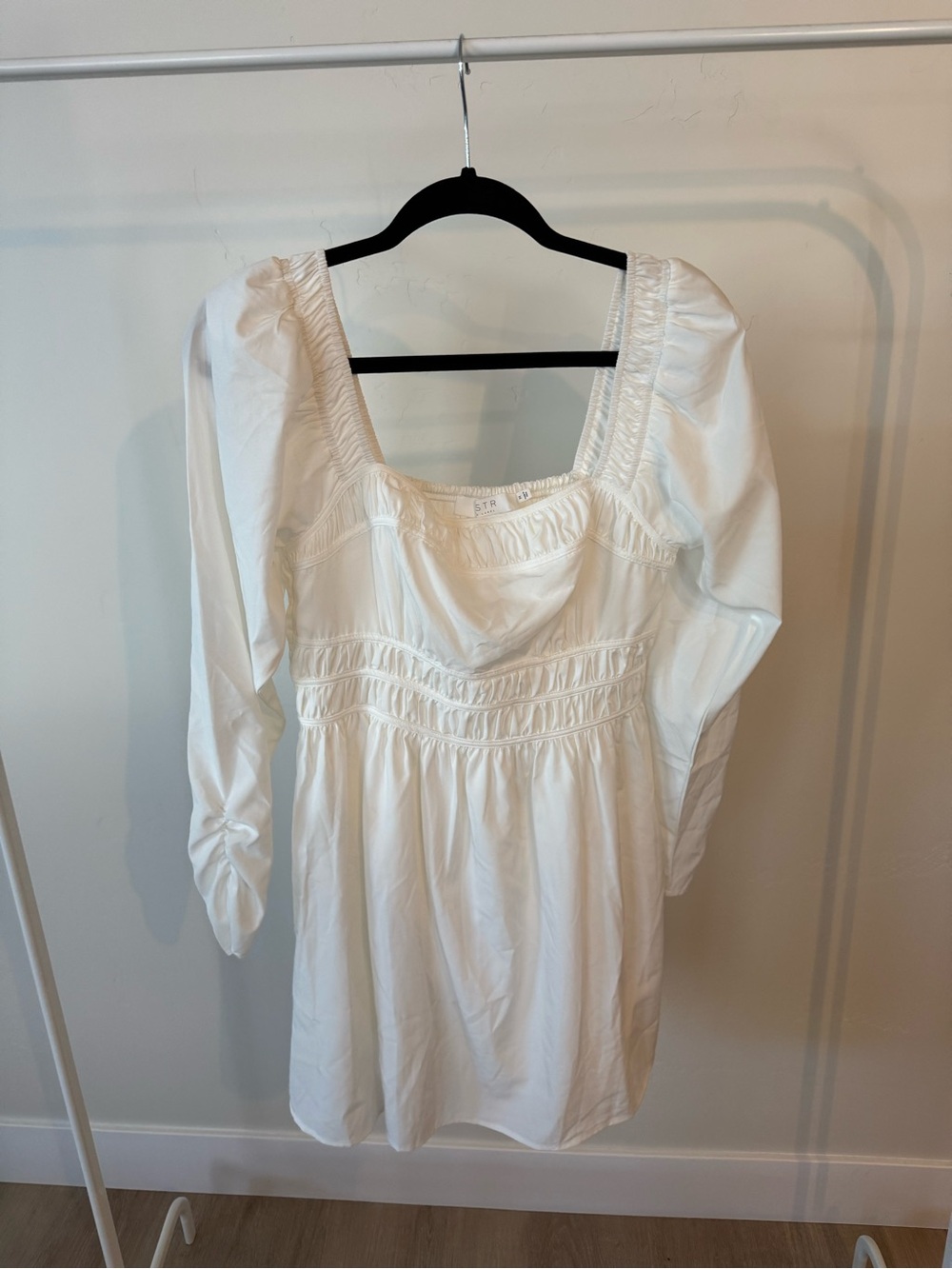 ASTR the Label White Smocked Mini Dress with Puff Long Sleeves